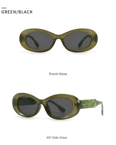 Detailed views of vintage oval green marble frame sunglasses with dark lenses