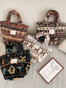 Plush Handbag Faux Fur Sherpa Zipper Soft Casual Winter Ethnic Geometric Striped Vintage Tote Bag For Women