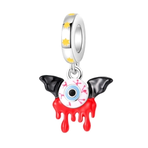 Silver skull eye charm with black wings and red drip detail for jewelry making