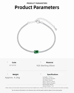 Detail view of S925 sterling silver bracelet with 1ct emerald cut green zircon stone