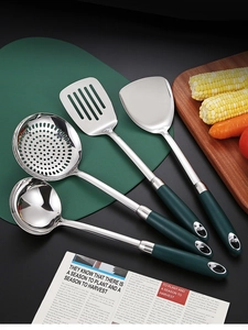 Detailed set of four 304 stainless steel cooking utensils with dark green handles