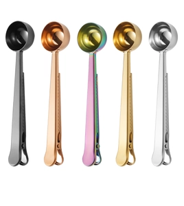 Detailed set of multi-color stainless steel coffee scoops with integrated sealing clips
