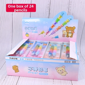 Bulk display of 24 cute pastel bullet pencils with bear shapes in colorful packaging