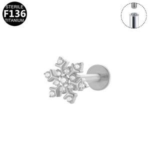 F136 titanium snowflake lip stud with clear cubic zirconia and internal thread