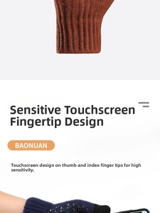 Detailed close-up of sensitive touchscreen fingertips on knitted thermal winter gloves