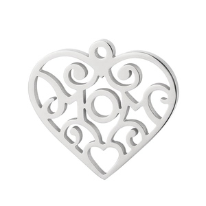 Pendentif en forme de cœur en acier inoxydable poli avec motif filigrane