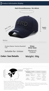 Detailed size chart for baseball cap showing brim length and adjustable head circumference
