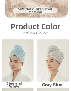 Detail of absorbent coral fleece hair towel with soft cloud grid texture on a blue model