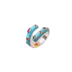 Silver-plated open heart ring with sky blue enamel and colorful sparkling rhinestones