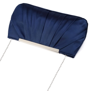 Detailed view of dark blue pleated satin evening bag with metal clasp and chain strap