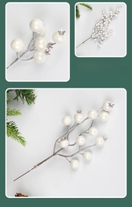 Detail of pearlescent white artificial berry stems with realistic silver-grey wooden texture