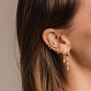 Detail view of 925 silver gold-plated earring set with cubic zirconia on model