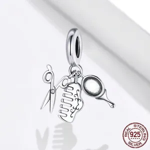 S925 sterling silver charm pendant featuring a detailed scissor, comb, and hand mirror