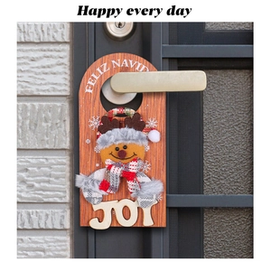 Wooden Christmas door handle hanger with snowman doll and Feliz Navidad greeting
