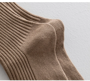 Close-up of brown cotton knit sock detailing the ribbed texture and reinforced heel area