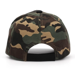 Back view of woodland camouflage baseball cap with adjustable black strap closure