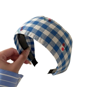 Blue and white checkered headband with embroidered cherries and non-slip teeth for women