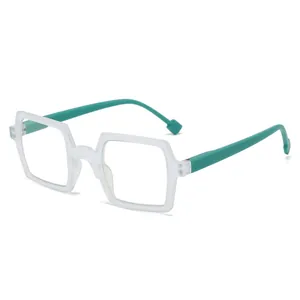 Square reading glasses with frosted white frames and mint green temples on white background