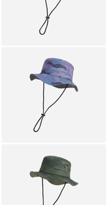Detail of kids camo sun hat with adjustable windproof drawstring and breathable eyelets