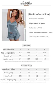 Size guide for women ice silk camisole and ruffle shorts pajama set in grey color