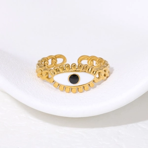 Gold-plated stainless steel Evil Eye ring with enamel inlay on white curved display