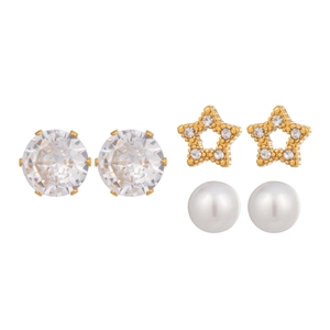 Detailed set of gold stud earrings featuring crystals, stars, and pearls on white backdrop