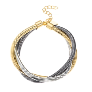 Dettaglio del bracciale multistrato a maglia serpente in oro argento e grigio