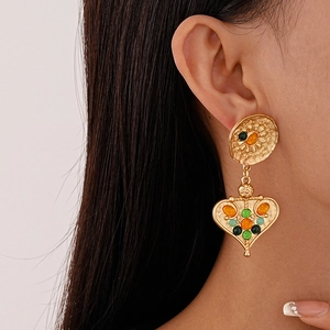 Vintage gold earrings with floral relief studs and colorful resin heart drop pendants