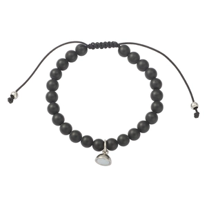 Close-up of matte black agate beads and adjustable silver metal charm bracelet