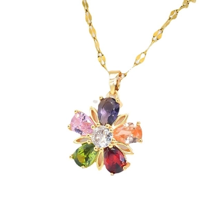 Vintage floral necklace with colorful zircons on gold chain for women