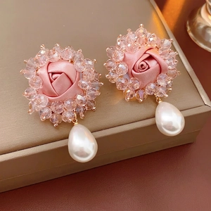 Vintage French Pink Fabric Rose Drop Earrings With Crystal Beads And Faux Artificial Pearl Dangle Silver Earring Post Women