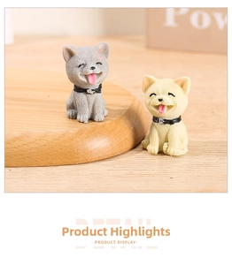 Close-up of small resin puppy figurines with realistic fur textures for garden decor