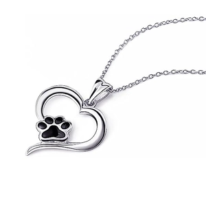Silver heart necklace featuring a black paw print pendant with a minimalist cable chain