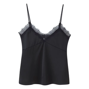 Satin camisole top with V-neck lace trim and spaghetti straps in black finish