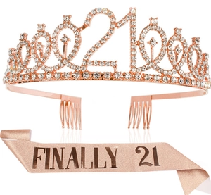 Detail of rose gold 21st birthday crown with rhinestones and Finally 21 glitter sash