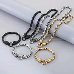 Collier Et Bracelet Chaîne Byzantine Tête De Mort Acier Inoxydable Bijoux Hip Hop Punk Pour Hommes