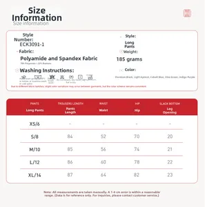 Size guide table for open back yoga set showing fabric composition and measurements