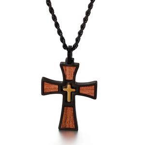 Classic stainless steel multi-layer cross necklace with black metal and wood inlay