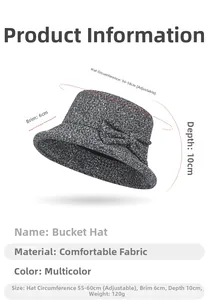 Gray wool bucket hat for elderly women with adjustable 55-60cm size and bow detail