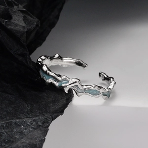 S925 Sterling Silver Mint Blue Enamel Ring For Women Ice Lake Series Liquid Metal Texture Adjustable Open Finger Ring
