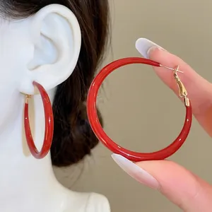 Vintage Red Hoop Earrings With 925 Sterling Silver Earring Post Glossy Enamel Round Minimalist Jewelry For Women