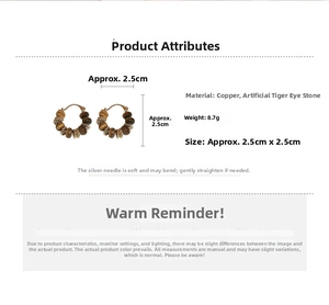 Detailed view of vintage earrings with tiger eye stone and gold-toned copper hardware