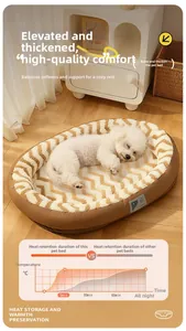 Detailed view of warm leather pet bed showing plush inner lining and heat retention graph