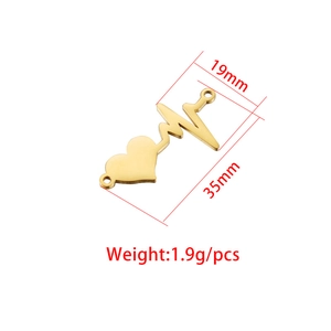 Polished gold heart connector pendant with heartbeat line, 35mm x 19mm size