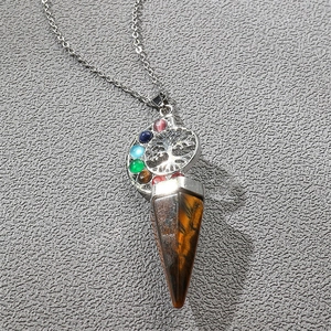 Silver tree of life moon pendant with colorful stones and brown tiger eye stone necklace