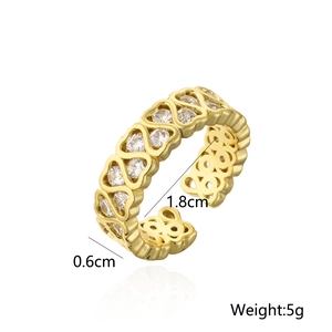 Detail view of 18K gold plated heart ring featuring dimensions and white zircon stones