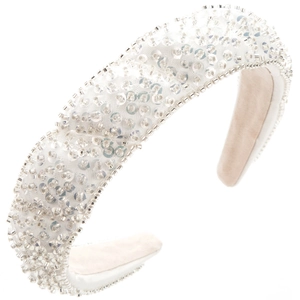 Elegant wide headband with handmade white sequins and beads for a luxurious pearl finish
