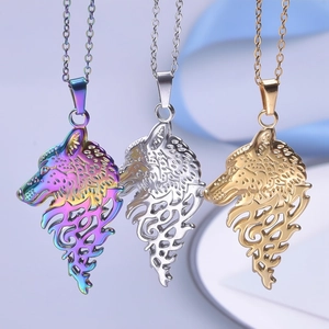Detailed wolf head pendant necklaces in rainbow, silver, and gold stainless steel finishes