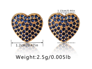 Detail showing dimensions of heart earrings with blue zircons and 18K gold plating