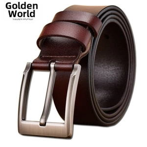Detailed close-up of dark brown leather belt with matte metal pin buckle and stitching